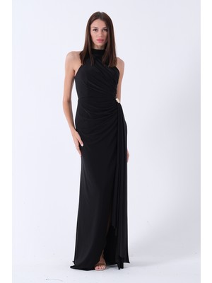 Feminist Siyah Halter Yaka Drapeli Beli Gold Toka Detaylı Straplez Abiye 9705862