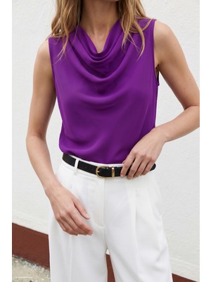 Sateen Degaje Yaka Kolsuz Bluz - Mor
