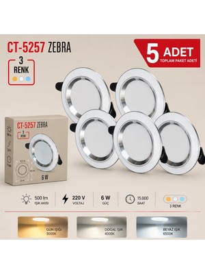 Ayrex CT-5257 Zebra LED Spot 6W 500LM 220V 5 Adet / 3 Renk Seçeneği, 3000K-4000K-6500K, 15.000 Saa
