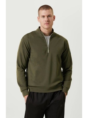 Velmora Fashion Erkek 3 Iplik Pamuklu Uzun Kol Yarım Farmuarlı Yakalı Sweatshirt - - Haki