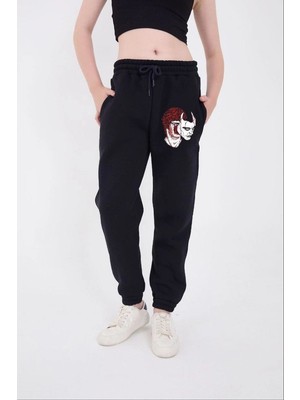 Velmora Fashion Kadın Üç Iplik Pamuklu Baskılı Paçası Lastikli Cepli Eşofman Pantolon - Lacivert