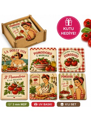 Kids Town 6'lı La Dolce Vita Pomodoro Bardak Altlığı Seti Ahşap Kutulu | Vintage Italyan Temalı 3 mm Mdf Uv Baskılı Kare Bardak Altlığı | Woodtown