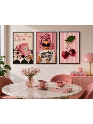 Kids Town Cherry Pink Retro 3'lü Çerçeve Görünümlü Mdf Tablo Seti 20X30 cm | Moda, Kiraz ve Vintage Duvar Dekoru