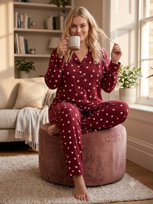 Asel Büyük Beden Uzun Kollu Boydan Düğmeli Milan Pijama Takımı