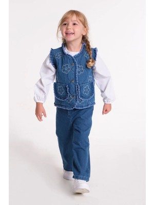 Le Petit Sole Kız Çocuk Yelek Gömlek Pantolon 3'lü Denim Takım Mavi