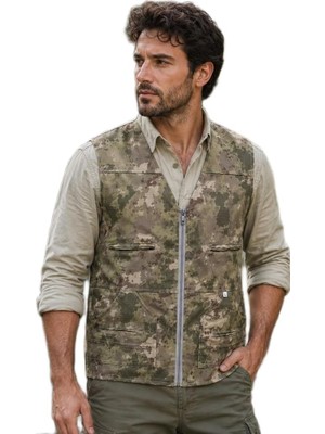 Ayrex Erkek Safari Yelek, Kamuflaj Desen,%65 Polyester%35 Pamuk, Fermuarlı, Çoklu Cepli, Outdoor A