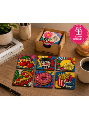 Kids Town 6'lı Pop Art Food Bardak Altlığı Seti Ahşap Kutulu | 3 mm Mdf Uv Baskılı Kare Kahve ve Çay Altlığı | Woodtown