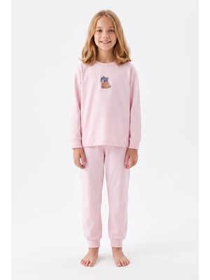 Bunny Hopp Kız Çocuk Uzun Kollu Pijama Takımı %100 Pamuk Pembe Kedi Desenli Penye