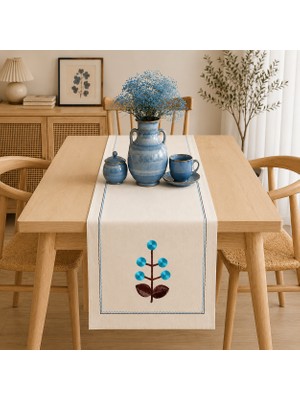 Ödel Buldan Buldan Keteni Çiçek Nakışlı Runner, Konsol, Sehpa Örtüsü-Naturel&Turkuaz