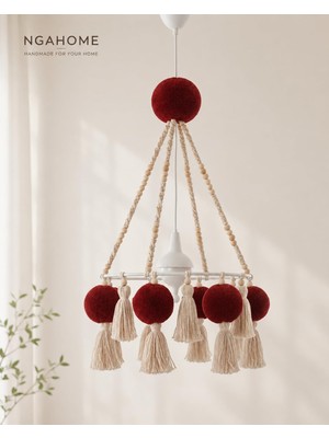 Ayrex Ngahome El Yapımı Bohem Ahşap Boncuk Avize, Bebek/çocuk Odası, 30X50 Cm, Kırmızı, Ahş