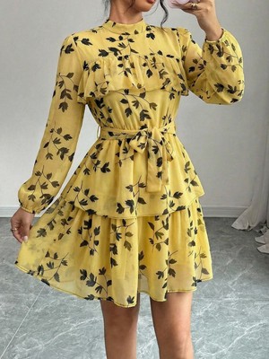 Mass Fashion Kadın Desenli Kemer Detaylı Kısa Şifon Elbise