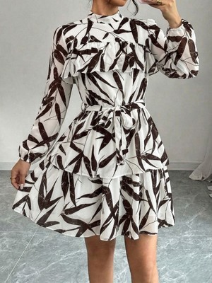 Mass Fashion Kadın Desenli Kemer Detaylı Kısa Şifon Elbise