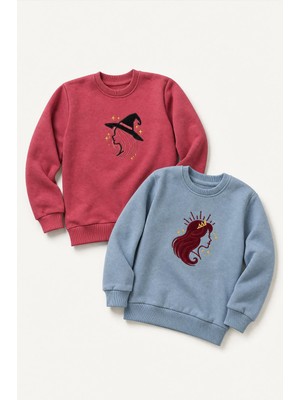 Perendi Kız Çocuk Aplike Nakışlı Bisiklet Yaka 2'li Sweatshirt