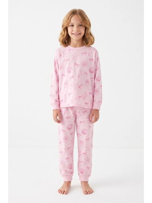 Bunny Hopp Kız Çocuk Pembe Deniz Kabuğu ve Kurdele Desenli Uzun Kollu Pijama Takımı %100 Pamuk Süprem