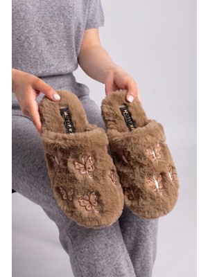 Footfrenzy Kadın Kahverengi Kelebek Nakışlı Yumuşak Peluş Ev - Çeyiz - Bohça Terliği