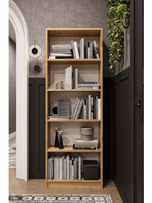 Ayrex Asra Trend Safir Meşe Desen K002 5 Raflı Kitaplık 56 cm Genişlik Dar Alan Uyumlu Modern K�