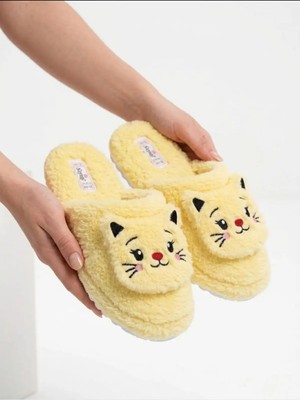 Footfrenzy Kadın Peluş Ev Terliği Kedi Desenli Yumuşak Sıcak Tüylü Rahat Ev - Çeyiz - Bohça Terliği