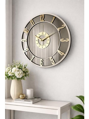 Ayrex Modern Duvar Saati, Gold Rakamlar, Gümüş Ayna Yüzey, 40 cm Çap, Mdf Gövde, Beyaz Ahşap