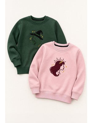 Perendi Kız Çocuk Aplike Nakışlı Bisiklet Yaka 2'li Sweatshirt