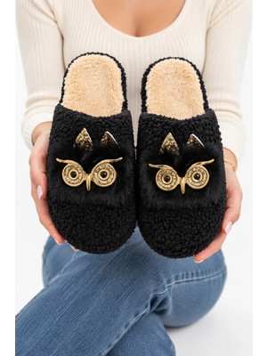 Footfrenzy Kadın Gold Baykuş Taş Detaylı Peluş Kadın Ev Terliği