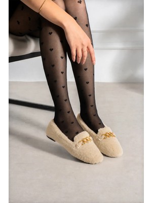 Footfrenzy Livia Kadın Peluş Kadın Ev Ayakkabısı | Zincir ve Taş Detaylı Loafer - Ev Babeti Panduf