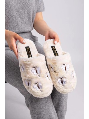 Footfrenzy Kadın Kahverengi Kelebek Nakışlı Yumuşak Peluş Ev - Çeyiz - Bohça Terliği
