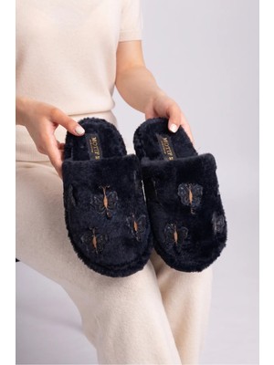 Footfrenzy Kadın Kahverengi Kelebek Nakışlı Yumuşak Peluş Ev - Çeyiz - Bohça Terliği