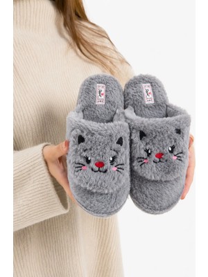 Footfrenzy Kadın Peluş Ev Terliği Kedi Desenli Yumuşak Sıcak Tüylü Rahat Ev - Çeyiz - Bohça Terliği