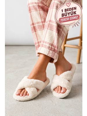 Footfrenzy Kadın Peluş Ev Terliği Çapraz Bantlı Yumuşak Tüylü Çeyiz Bohça Gelin Terliği