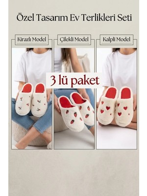 Footfrenzy Kadın 3'lü Avantajlı Ev Terliği Seti - Kiraz - Çilek ve Kalp Desenli Peluş Ev Içi Terlik Paket
