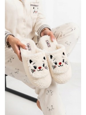 Footfrenzy Kadın Peluş Ev Terliği Kedi Desenli Yumuşak Sıcak Tüylü Rahat Ev - Çeyiz - Bohça Terliği