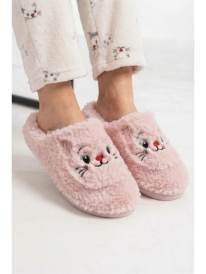 Footfrenzy Kadın Peluş Ev Terliği Kedi Desenli Yumuşak Sıcak Tüylü Rahat Ev - Çeyiz - Bohça Terliği