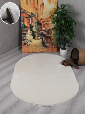 Ayrex My Evilla Modern Dekoratif Kaymaz Taban Rabbit Oval Halı Yolluk Krem 80 x 150
