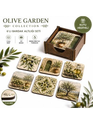 Kids Town Olive Garden Collection 6'lı Mdf Bardak Altlığı Seti | Zeytin Temalı Uv Baskılı Ahşap Bardak Altlığı | Ahşap Kutu Hediyeli