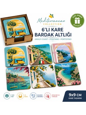 Kids Town Amalfi Coast & Positano 6'lı Ahşap Mdf Bardak Altlığı Seti – Uv Baskılı Kare Bardak Altlığı – Dekoratif Hediyelik