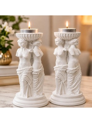 Ayrex Yunan Üç Güzeller Tealight Mumluk Seti 2'li, 16 cm Taş Tozu Beyaz Heykel Mumluk, Antik Mit