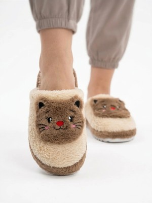 Footfrenzy Kadın Peluş Ev Terliği Kedi Desenli Yumuşak Sıcak Tüylü Rahat Ev - Çeyiz - Bohça Terliği