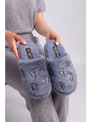Footfrenzy Kadın Kahverengi Kelebek Nakışlı Yumuşak Peluş Ev - Çeyiz - Bohça Terliği
