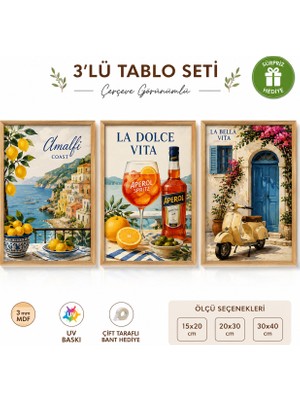 Kids Town Woodtown La Dolce Vita 3'lü Çerçeve Görünümlü Mdf Tablo Seti | Amalfi & Italyan Dekor Duvar Tablosu Uv Baskı