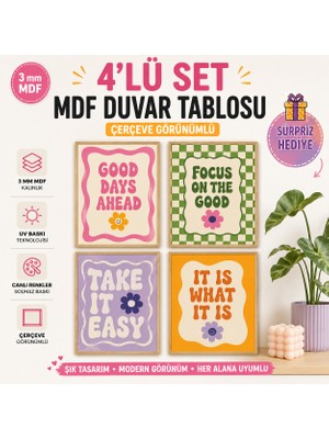 Kids Town Woodtown 4'lü Retro Duvar Tablosu Seti | 3 mm Mdf Ahşap Çerçeve Görünümlü Uv Baskılı Dekoratif Duvar Panosu | Sürpriz Hediyeli
