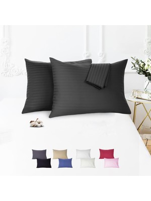 Ayrex Vionel HOME%100 Pamuk Çizgili Saten Yastık Kılıfı / 50 x 70 cm 2'li / Paket (Siyah)