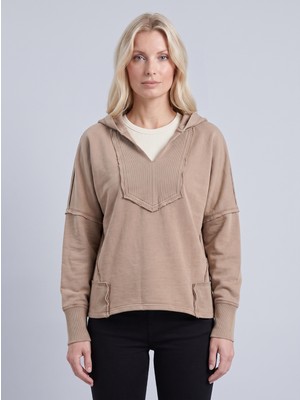 Bold & Young Kadın Bej Kapüşonlu Parça Boyama Yıkama Efektli Dikiş Detaylı Sweatshirt