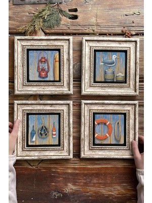 Ayrex Oscar Stone Decor Çerçeveli Taş Tablo Duvar Dekoru 20X20CM 4'lü Set Gemici Seti Martı Gaz