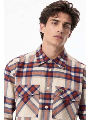 Lacoste Men's Relaxed Fit Button-Down Linen Shirt  Rahat Kesim Pamuklu Kareli Erkek Çıt Çıt Düğmeli Gömlek Turuncu-Krem