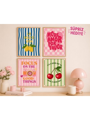 Kids Town Retro Renkli Motivasyon Temalı 4'lü Mdf Çerçeve Görünümlü Duvar Tablosu Seti | 3 mm Uv Baskılı Modern Dekoratif Tablo + Sürpriz Hediye