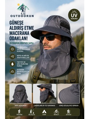 Outdoorun Koruyucu Gri Şapka – Uv Güneş Koruyucu, Çıkarılabilir Yüz ve Ense Koruması