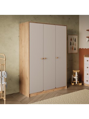 Bimossa KG3120 Daffy Üç Kapaklı Gardırop Sepet-Kumtaşı - Askılı ve Çok Raflı Modern Bebek Odası Gardırobu