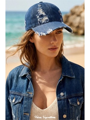 PIECE SIGNATURE Eskitme Yırtık Detaylı Denim Streetwear Lüx Beyzbol Şapkası - Unisex Kot Kep