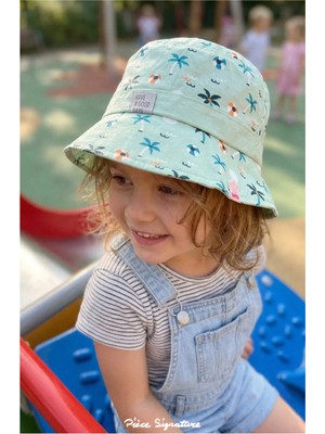 PIECE SIGNATURE %100 Pamuk, Kız Çocuk, Palmiye Baskılı Bucket Şapka ( Size, 52 ) ( 4-8 Yaş )