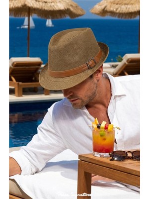 PIECE SIGNATURE Mj Sportif Şeritli Hasır Trilby Şapka - Günlük ve Tatil Şapkası ( 58-59 Cm, Kadın/erkek )